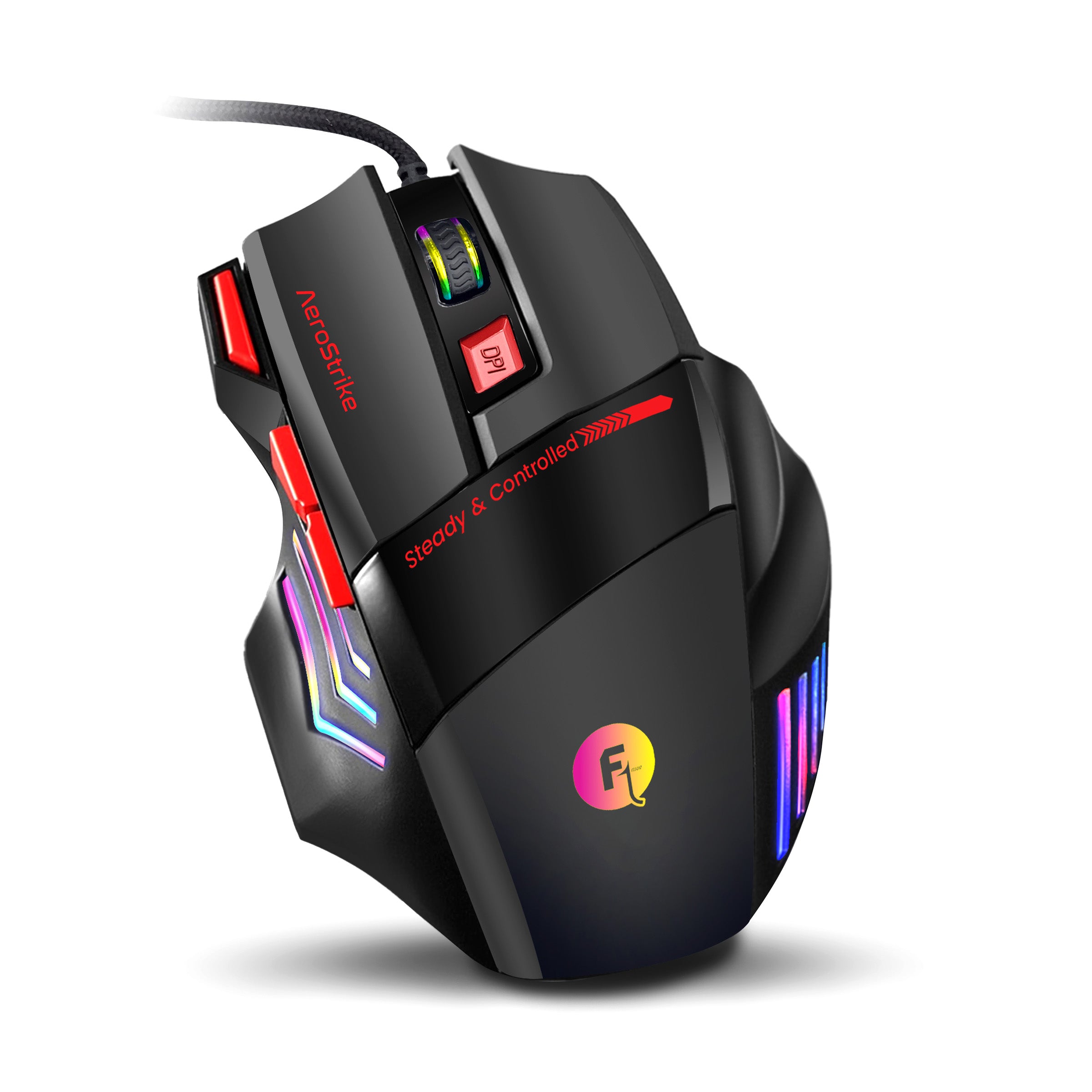 Frontech AeroStrike USB Wired Gaming Mouse with Upto 7200 DPI Gaming Sensor | 7 Buttons Design | Rainbow Lighting with Breathing Effect | 1.5m Braided Cable (MS-0083) Frontech AeroStrike USB Wired Gaming Mouse with Upto 7200 DPI Gaming Sensor | 7 Buttons Design | Rainbow Lighting with Breathing Effect | 1.5m Braided Cable (MS-0083)